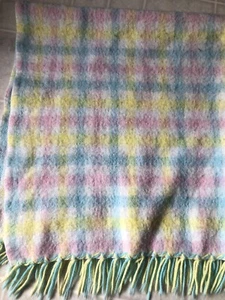 Vintage Acrylic Pastel Plaid Fringed Baby Blanket 38 X 35.25 - Picture 1 of 3