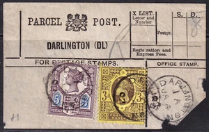 1902 JUBILEE SG207 5d & SG202 3d DARLINGTON PARCEL POST LABEL CDS - Picture 1 of 1