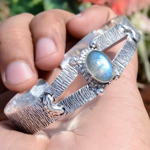 Blue Labradorite Gemstone Bangle 925 Sterling Silver Handmade Bracelet Jewelry - Picture 1 of 12
