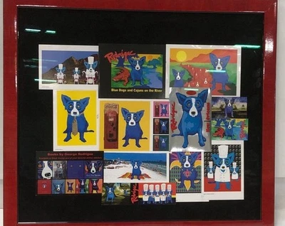 "Tarjetas postales George Rodrigue Blue Dog 13 marco rojo 21,75""x 24,5"" tamaño total" Foto 1 de 4