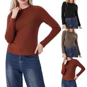 Womens Round Neck Long Sleeve Plain Slim Fit Basic Tops Stretchy T-Shirt Blouse - Picture 1 of 16
