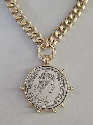 Collar Cadena Oro Moneda Isabel Vintage Medallón Grande Antiguo Colgante Foto 1 de 4