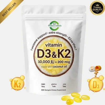 Vitamin D3 10000 iu Plus K2 (MK-7) 200 mcg, 300 Virgin Coconut Oil Softgels - Image 1 of 4