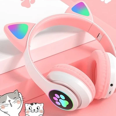 Flashing LED Cat Ears Headphones Bluetooth Wireless Headset w/Mic Stereo Earbud - Image 1 of 4