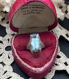 Antique 14K Filigree Genuine Aquamarine Ring Art Deco - Picture 1 of 9