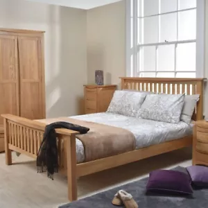 Double Bed Frame 4ft6 Solid Oak Wooden Slats Bedroom Furniture - Crescent Oak - Picture 1 of 4