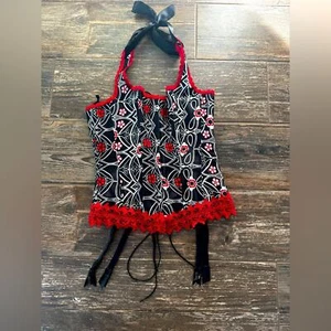 Vintage Fredericks of Hollywood, black and red lace up black corset 34 garters - Picture 1 of 6
