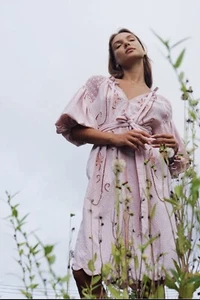 NWT Innika Choo Peach Gingham Cutwork Midi Smock Dress Size 1 - Picture 1 of 11