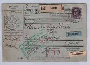 Kronach EF 80 Pf. Bayern Paketkarte 1919 über Romanshorn Appenzell Schweiz (-53 - Picture 1 of 2