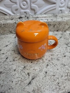 Sakura Breakfast Cup 55 Orange Ceramic Cat Mug With Ceramic Lid - Picture 1 of 12
