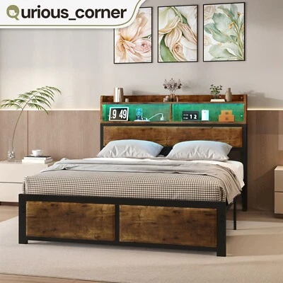 QURIOUS_CORNER Full Size Storage Bed Frame Wooden Headboard w/ LED Strips Shelves & Charging