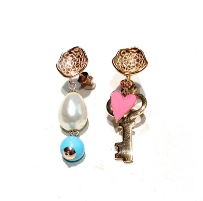 Orecchini pendenti argento rosé chiave cuore smalto pink perla goccia - Immagine 1 di 4
