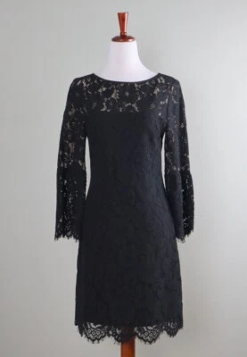 LAUREN RALPH LAUREN $139 Black Lace Beige Lined Bell Sleeve Dress Size 6 - Image 1 of 4