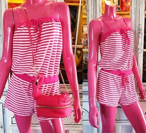 Vintage Betsey Johnson Strampler rosa gestreift Frottee Kleid Shorts Jumpsuit Gr. M - Bild 1 von 17