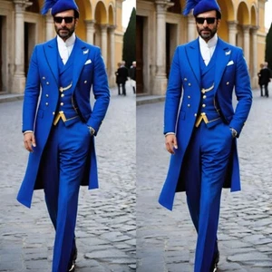 Trajes de hombre azul real 3 piezas chaqueta larga calce ajustado abrigo de negocios pico solapa esmoquin - Imagen 1 de 16