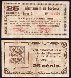 España Tordera / 25 centimos/ 8 de septiembre del 1937 MBC-/VF- - Picture 1 of 1