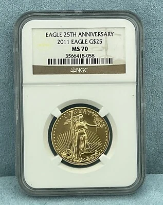 2011 $25 1/2 oz American Gold Eagle MS-70 NGC (25º Aniversário) -Baixa cunhagem 70000 - Imagem 1 de 4
