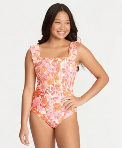 GB Girls One Piece Swimsuit Size 14 Pink Floral Girly Bathing Suit Smocked - Picture 1 of 6