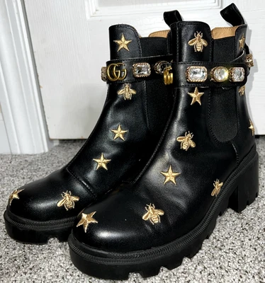 Gucci Combat Boots Women Sz 9 US Embroidered Black w/ Gold Bees Stars Signature - Image 1 of 4
