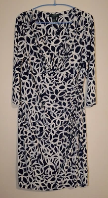 Ralph Lauren Size 14 Blue White Faux Wrap Dress 3/4 Sleeve Stretch V-Neck Ruched - Image 1 of 4