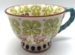 Anthropologie Floral Footed Mug Cup Blue Twisted Handle Elka Ayaka Heavy - Picture 1 of 4