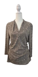 Vince Camuto Gray Ivory Print V Neck 3/4 Sleeve Blouse Women's Medium - Picture 1 of 7