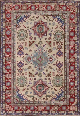 Geometric Kazak 7x10 Ft. Beige/ Blue/ Red Rug Oriental Area Handmade Living room - Image 1 of 4
