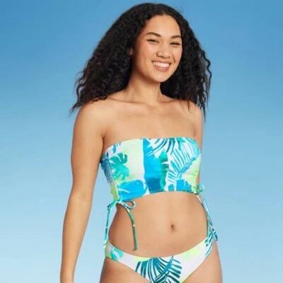 Top de bikini bandeau de cincha lateral Longline para jóvenes estampado de hojas hilaración mediano  Foto 1 de 4