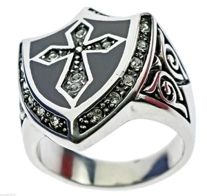 Knights Crusader Templar Cross Shield Cz Stainless Steel Men's Ring Size 8 T62 - Picture 1 of 3