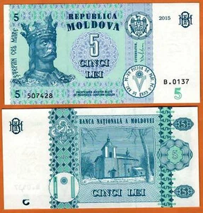 MOLDOVA  2015 UNC 5 Leu Banknote P- NEW Ştefan cel Mare. St. Dimitru basilica - Picture 1 of 1