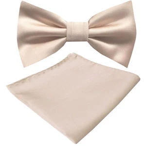 New Boy Kid Micro Fiber Bow Tie Solid Pre-tied Bowtie & Pocket Square Hanky Set - Picture 1 of 27