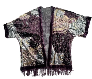 Chicos Travelers Jacke Kimono S/M lila Paisley Samt Ausbrenner Fransen - Bild 1 von 12