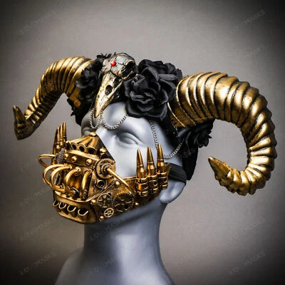 Diadema de cuerno de carnero cuervo dorado con máscara bucal steampunk disfraz de fiesta Hallween Foto 1 de 4