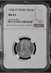 1948 St Pierre & Miquelon One Franc - NGC MS65 - Picture 1 of 2