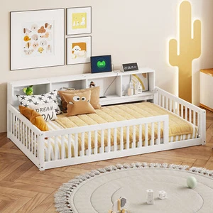Wood Twin XL Size Floor Bed Frame with Storage Cabinets and USB Ports White - Picture 1 of 14