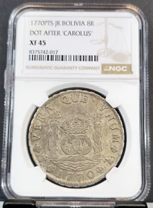 1770 BOLIVIA SILVER 8 REALES POTOSI MINT PILLAR DOLLAR NGC XF 40 EXTREMELY RARE - Picture 1 of 3