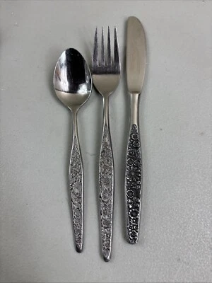 Rogers La Spana Fork Knife Tea Spoon Set Stainless Japan Floral Flowers Vintage - Image 1 of 4