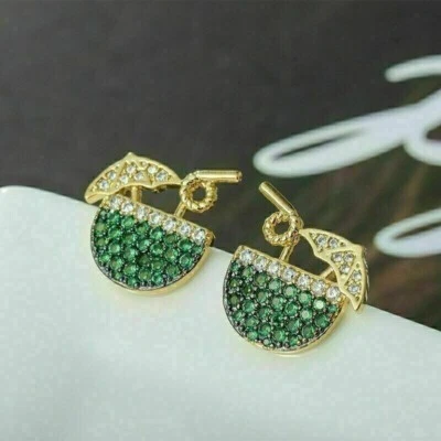 14K Yellow Gold Plated 1.25 Ct Round Simulated Emerald Drink Glass Stud Earrings - Image 1 of 3