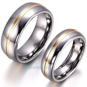 8mm/6mm Gold Groove Inset Tungsten Carbide Ring Men's Women's Engagement Band