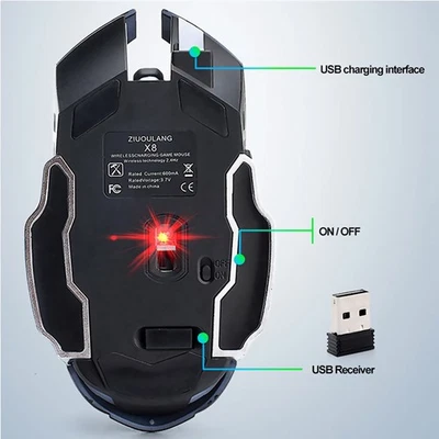 Rechargeable X8 Wireless Game Mouse Silent Led Backlit Usb 1800Dpi Optical HEN - Image 1 of 4