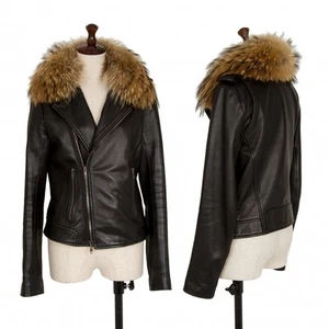 Theory Raccoon Fur Collar Leather Biker Jacket Size S(K-119782) - Picture 1 of 12