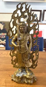 Japanese Vintage Metal Acala Statues Fudo Myoo Buddhism H7.9in W/ Flame Halo FS - Picture 1 of 10