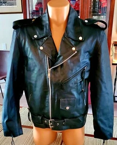 SUPER NICE CLASSIC BLACK MOTORCYCLE LEATHER JACKET SIZE 38 NO RIPS NO ODORS NICE - Picture 1 of 17