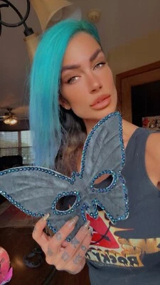 Women's Venetian Lace Mardi Gras Masquerade Mask with Rainbow Gems Black/Blue - Image 1 of 4