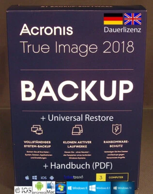 Acronis True Image 2018 Vollversion 3 PC/Mac + Universal Restore DE / EN NEU - Bild 1 von 2