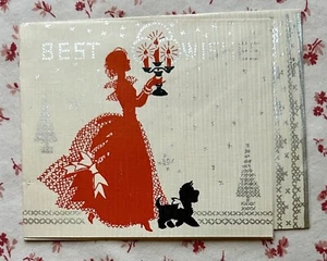 Tarjeta de felicitación vintage de la década de 1930 con silueta de Navidad para mujer y perro escocés - Imagen 1 de 7