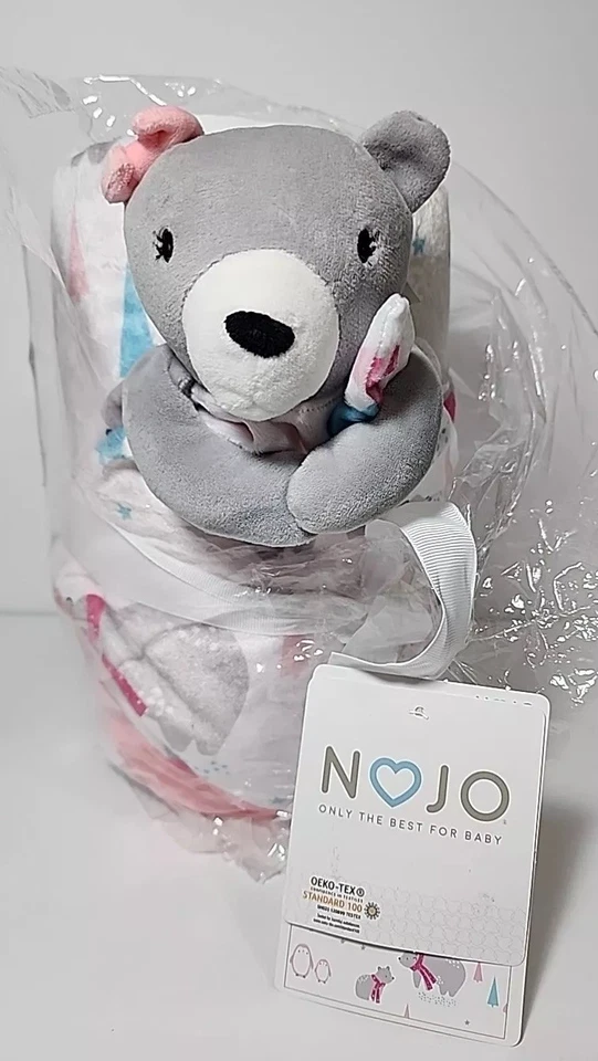 Bear Blanket and Lovey Gift Set Sherpa Gray White Pink with Tags NOJO SOFT