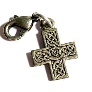 Vintage Celtic Cross Charm Clip On for Bracelet Purse Zipper Pull Pewter - Picture 1 of 5