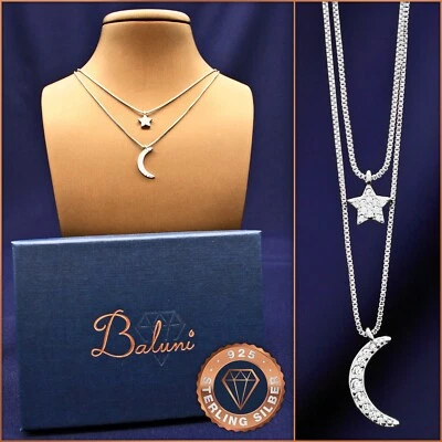 Mond-Stern-Doppel-Halskette 925 Sterling-Silber, +Etui, Weihnachtsgeschenk - Bild 1 von 4