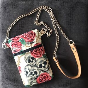 bolso pequeño bandolera para móvil de mujer, calaveras y rosas